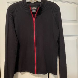 Long sleeve Harley Davidson black sweater with red accent zipper and lettering.